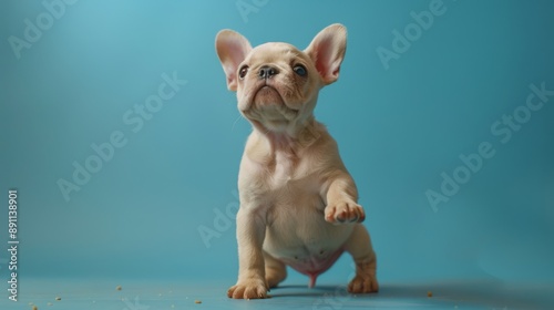 Adorable French Bulldog puppy standing on blue background, raising paw with curiosity, showcasing cute expression and playful behavior.