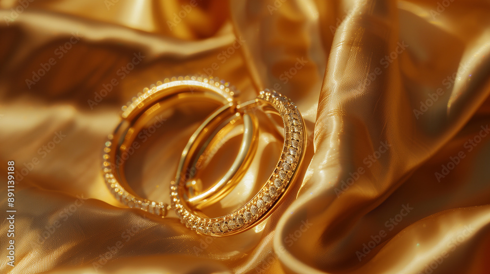 Golden hoop earrings adorned with diamonds on silky fabric background.. Golden hoop earrings adorned with diamonds on silky fabric background..