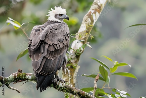 Harpy Eagle Harpia harpyja perched high in the Amazon canopy its sharp talons gripping the branch firmly photo