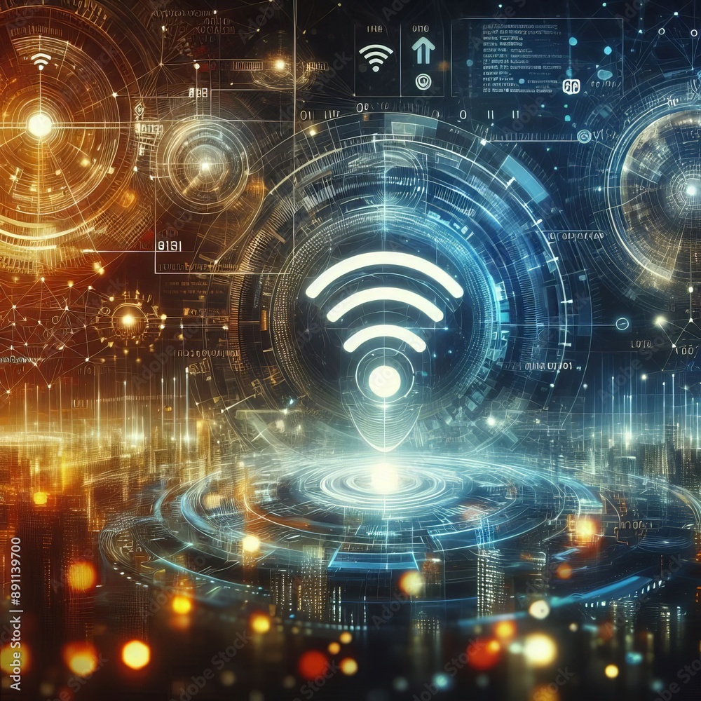 Obraz premium Wireless network and connection abstract data background with wifi symbol