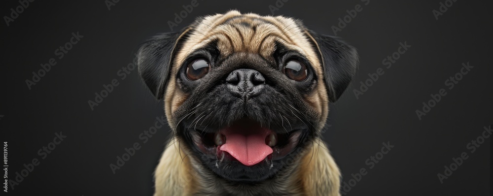 Obraz premium Close-up of a happy pug dog with a tongue out, looking directly at the camera against a black background.