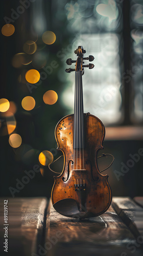 Elegant Violin on Wooden Table with Natural Light Showcasing Musical Artistry and Craftsmanship in a Dimly Lit Room