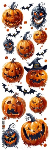 Vibrant Collection of Rhinestone Halloween Stickers Featuring Glittery Pumpkins, Bats, and Spiders on a Stark White Background