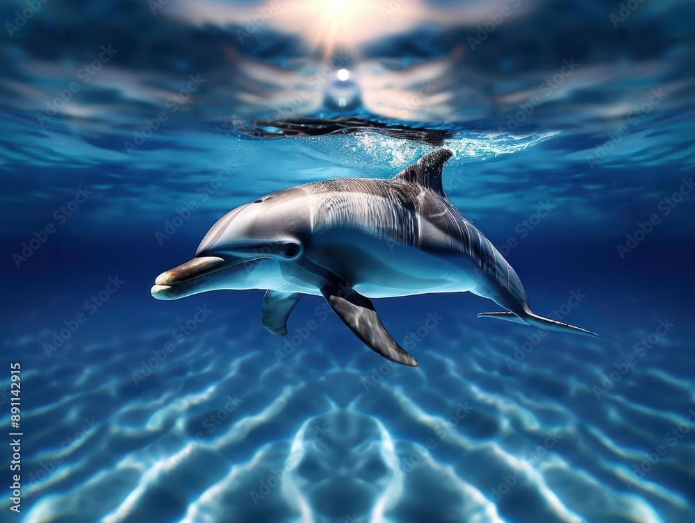Obraz premium A graceful dolphin swims effortlessly through crystal-clear waters, illuminated by sunlight creating mesmerizing patterns.