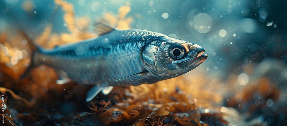 Fototapeta premium An unusual sight of a fish resting on the ground, amidst golden soil, showcasing nature's surprises. Perfect for ecological themes and wildlife discussions.