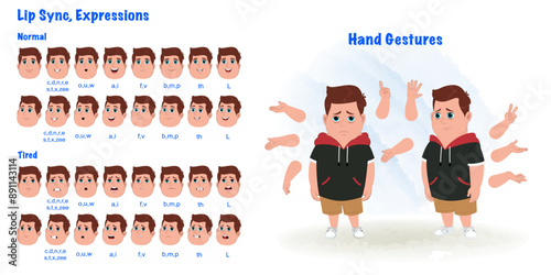  Set of fat boy character design .Cartoon character model sheet. Cartoon character creation set with tired face expression and all hand gesture. Front tired standing pose and 1/3 standing pose.