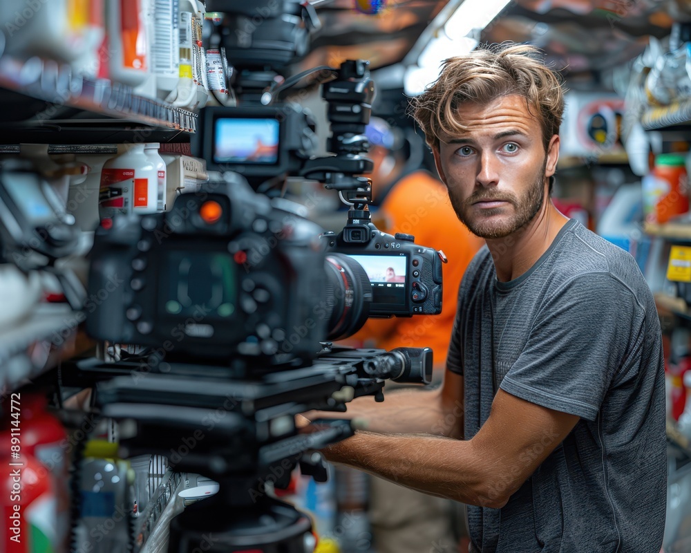 Professional Live Stream Seller Demonstrating Product Features with 90mm f/4.0 Lens in Bright Room Setting Professional Live Stream Seller Demonstrating Product Features with 90mm f/4.0 Lens in Bright Room Setting