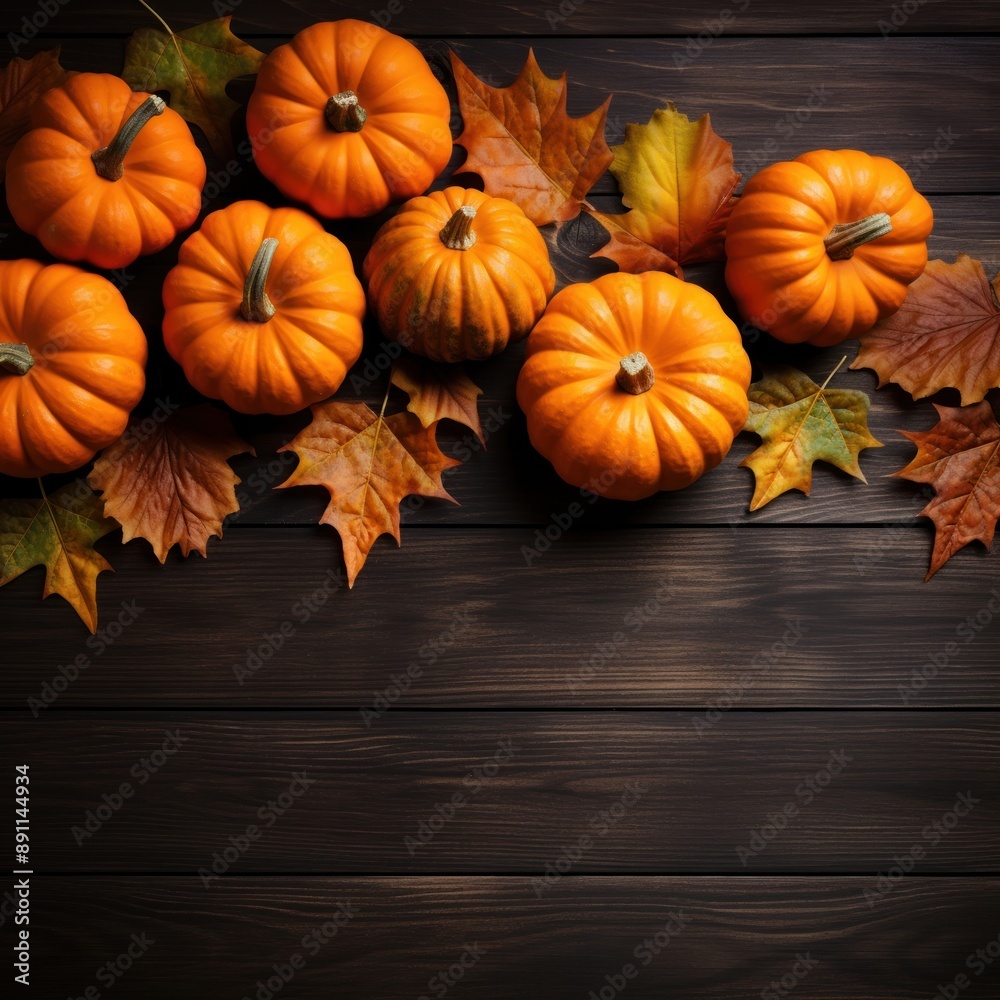 a top view photo of Pumpkins and maple leaves. a top view photo of Pumpkins and maple leaves.