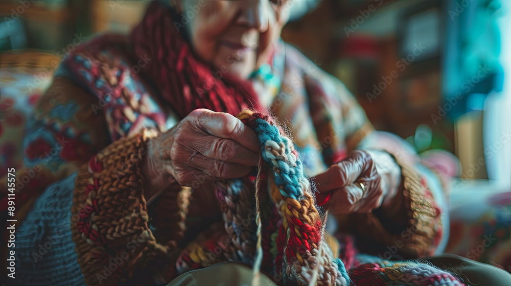Fototapeta premium an elderly woman knitting a scarf.