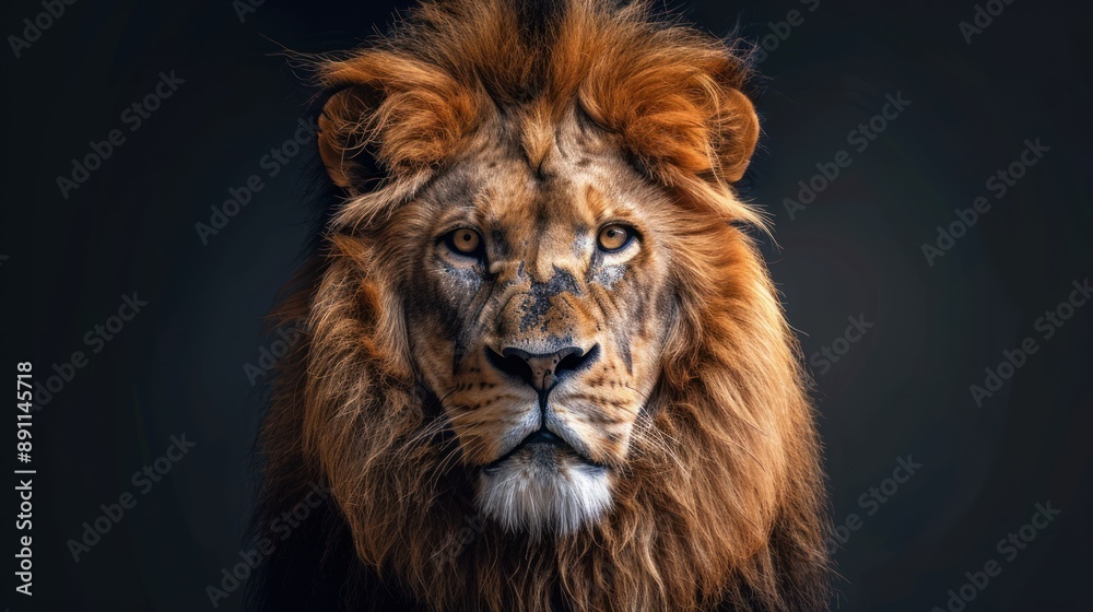 close up front view of a strong male lion on a dark background
