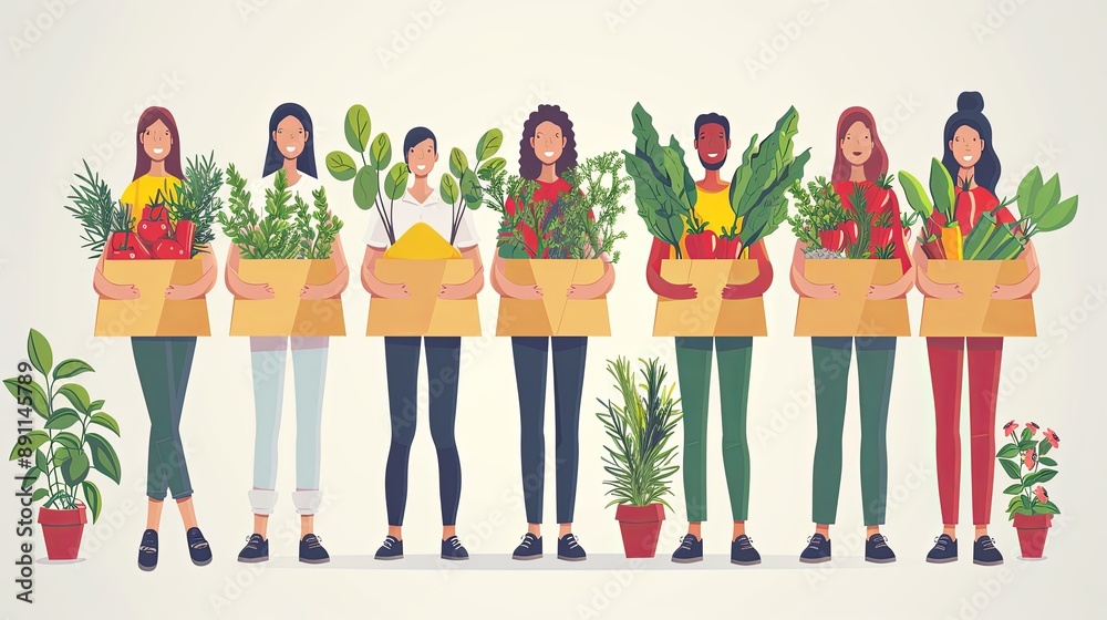 Fototapeta premium vector, illustration, flat, People Harvesting and Sell Spices and Herbs on Market. Ayurveda Food Ingredients Concept. Women Holding Huge Spice Items as Chili Pepper Salt Shaker Vanilla Sticks. Cartoon