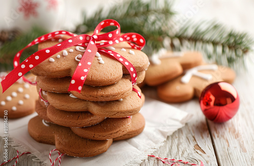 Traditional Christmas stack of gingerbread cookies with red bow, candy, tree ball, pine branch and cone. Winter holiday decoration. Xmas festive food. photo