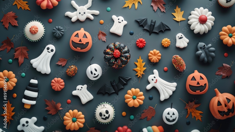 Spooky Halloween Sweets and Cupcakes in Character Shapes with Autumn Leaves - High Resolution 32K Background with Text Space, Generative Ai Spooky Halloween Sweets and Cupcakes in Character Shapes with Autumn Leaves - High Resolution 32K Background with Text Space, Generative Ai