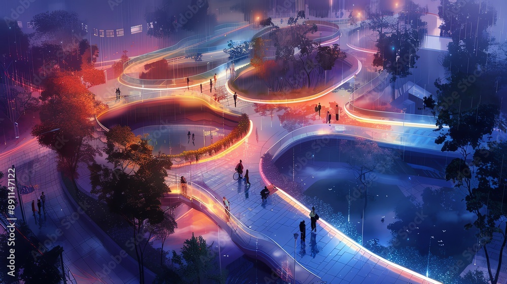 Obraz premium Sky-high perspective of a modern park with creatively twisted pathways lit by innovative