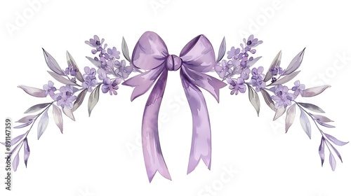 Fototapeta Naklejka Na Ścianę i Meble -  Purple Watercolor Lavender and Bow