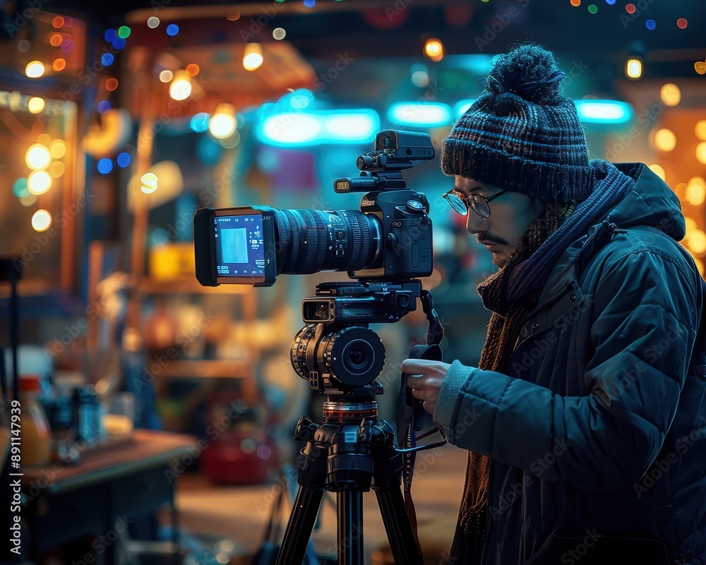 Professional Content Creator Setting Up Camera on Tripod in Stylish Home Studio with Professional Lighting Equipment - Vlogging Preparation with 90 mm f/4.0 Lens
