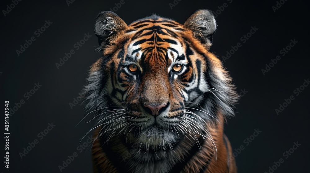 close up front view of a strong male tiger on a dark background close up front view of a strong male tiger on a dark background