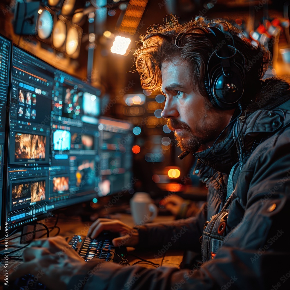 Fototapeta premium Creative Video Editor Working on Complicated Project Faces Technical Challenges and Unforeseen Issues