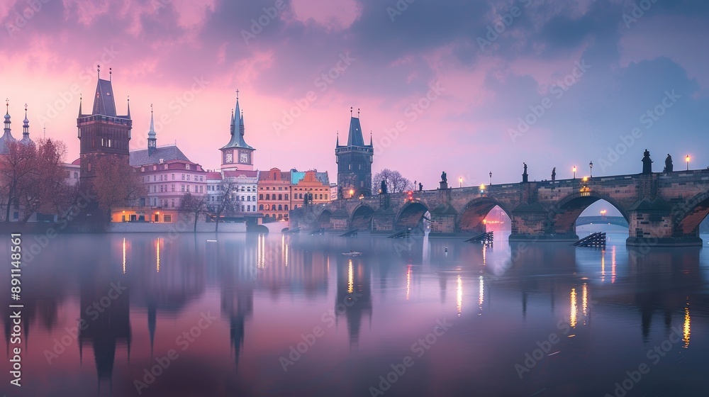 Obraz premium Beautiful view of the architecture of the Old Town pier and Old Town Bridge at sunrise