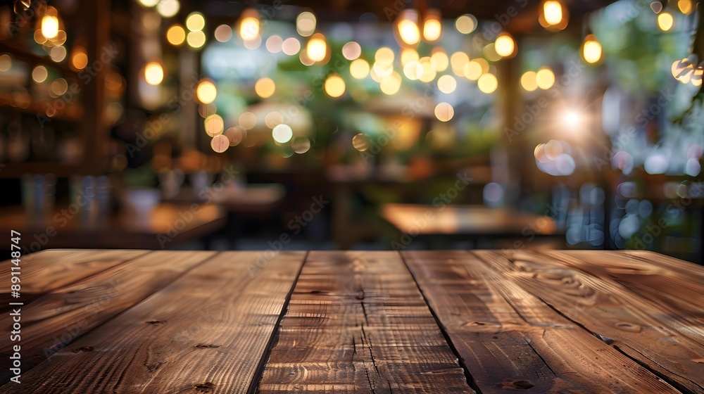 Wooden table top with blurred background of bar or cafe interior Wooden table top with blurred background of bar or cafe interior