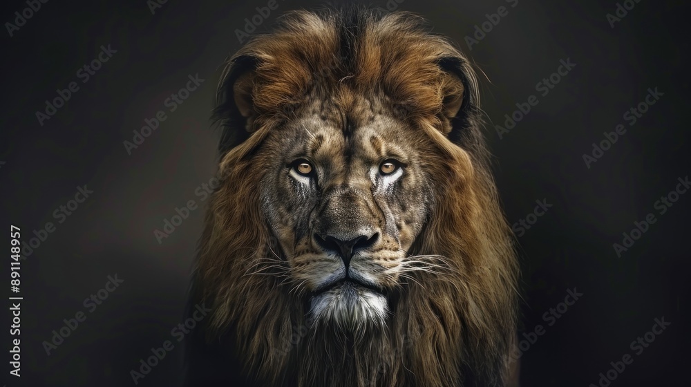 close up front view of a strong male lion on a dark background close up front view of a strong male lion on a dark background