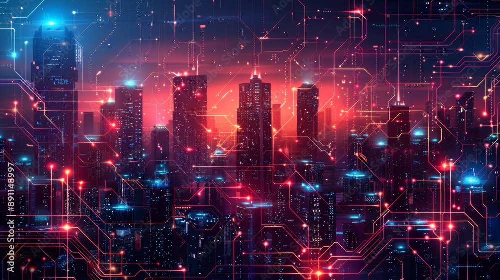 Fototapeta premium Futuristic Smart Cyber City illustration: Innovative Urban Landscape in Digital Circuitry, futuristic technology concept, Graphic Resources, Wallpapers, Brochure, Websites, banner design, Advertising,