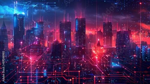 Wallpaper Mural Futuristic Smart Cyber City illustration: Innovative Urban Landscape in Digital Circuitry, futuristic technology concept, Graphic Resources, Wallpapers, Brochure, Websites, banner design, Advertising, Torontodigital.ca