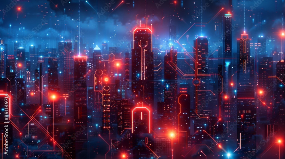 Obraz premium Futuristic Smart Cyber City illustration: Innovative Urban Landscape in Digital Circuitry, futuristic technology concept, Graphic Resources, Wallpapers, Brochure, Websites, banner design, Advertising,