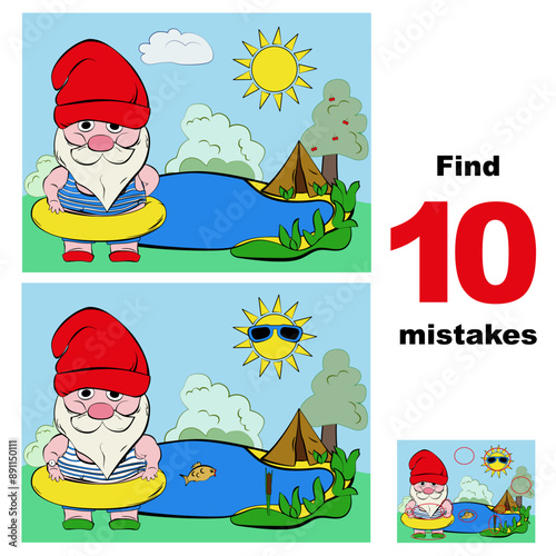 Vector image of a cute swimmer garden lawn dwarf with swimming rescue ring is standing near lake and tent. Task find 10 differences for children elementary age. 