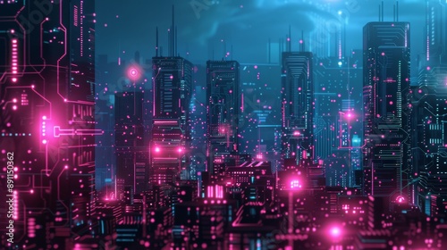 Futuristic Smart Cyber City illustration: Innovative Urban Landscape in Digital Circuitry, futuristic technology concept, Graphic Resources, Wallpapers, Brochure, Websites, banner design, Advertising,