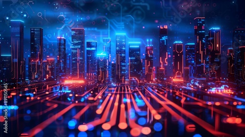 Futuristic Smart Cyber City illustration: Innovative Urban Landscape in Digital Circuitry, futuristic technology concept, Graphic Resources, Wallpapers, Brochure, Websites, banner design, Advertising,