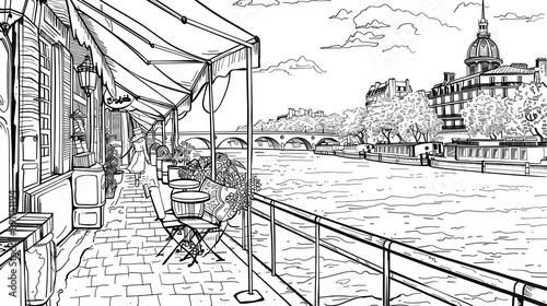 the black and white cartoon drawing with clear art lines of the arabian postacards and book sellers along the Seine in Paris, for a coloring book page, no gray shade photo