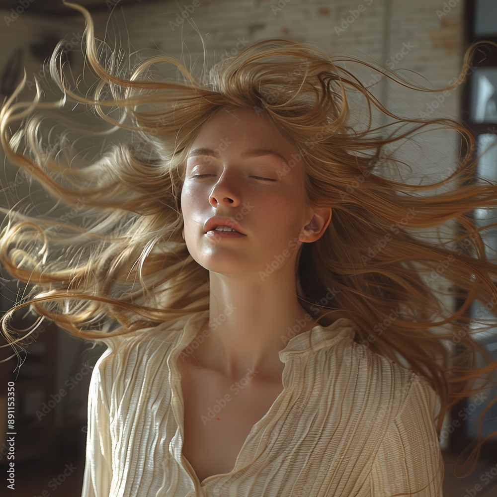 Playful Woman in Hair Toss Pose Exuding Confidence and Glamour, Studio Shot with Dynamic Movement Playful Woman in Hair Toss Pose Exuding Confidence and Glamour, Studio Shot with Dynamic Movement