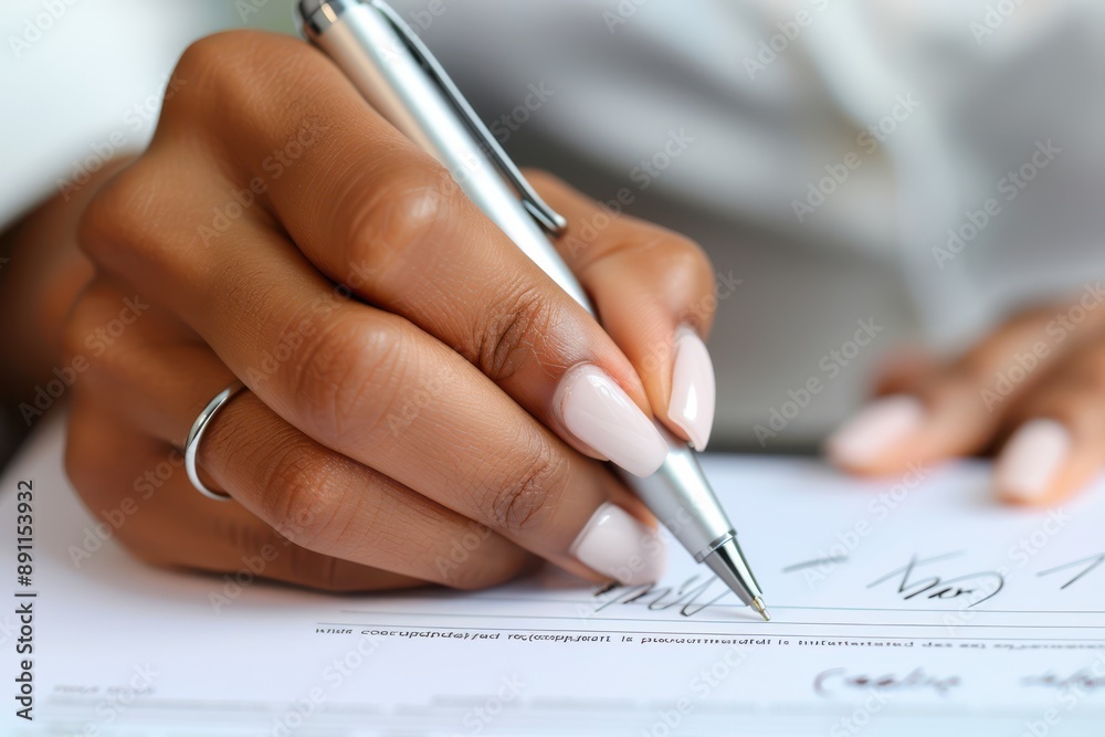 Close-up on a businesswoman's hand signing an acquisition agreement, elegant pen and paperwork. woman is writing with pen on a piece of paper. act of writing can be seen as a form of self-expression Close-up on a businesswoman's hand signing an acquisition agreement, elegant pen and paperwork. woman is writing with pen on a piece of paper. act of writing can be seen as a form of self-expression