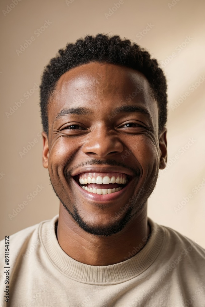 Young african american man with short black hair laughs broadly against beige backdrop Young african american man with short black hair laughs broadly against beige backdrop