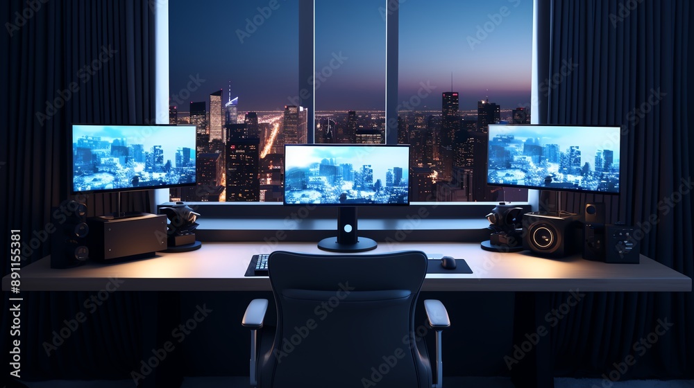 Naklejka premium A high-resolution photo of a clean, minimalistic office setup with dual monitors, soft lighting.