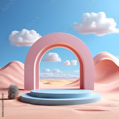 3d-render-abstract-surreal-pastel-landscape-background-with-arches-and-podium-for-showing-product © rabia