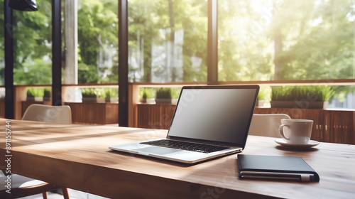 A high-resolution photo of a clean and modern office workspace with a laptop and notepad, soft natural light.