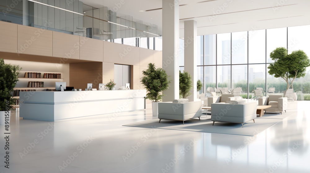Fototapeta premium A high-resolution photo of a modern office lobby with clean lines and soft colors, professional and inviting.