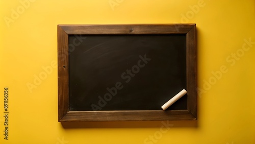 Blackboard made of wood with chalk on yellow wall, for display or art purposes photo