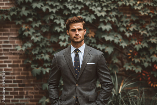 A confident and stylish businessman wearing a black suit in an urban office setting.