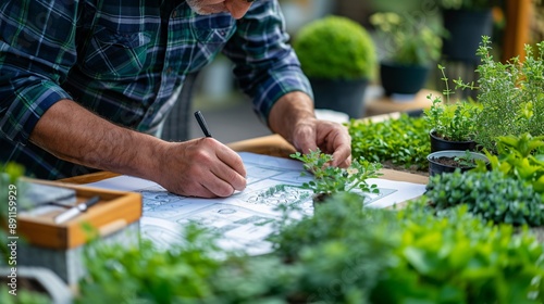 A dedicated landscape architect engages in a vibrant discussion over garden design with clients. Nature-inspired elements enhance creativity and collaboration.