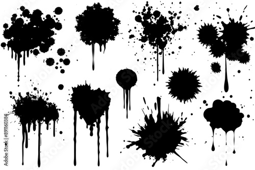 A collection of black ink splashes scattered across a white backdrop