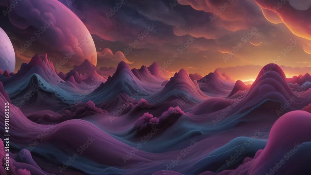 Fantasy landscape world, pink and lilac flowing hills and clouds. Looping, slow motion 4k