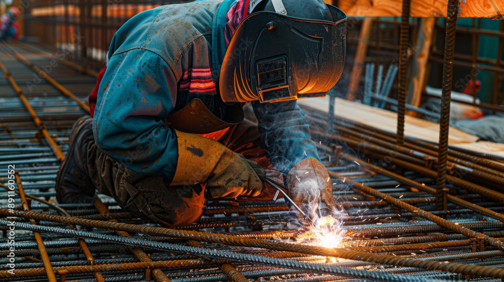 Worker welding rebar steel rods on construction site, industrial work. Worker welding rebar steel rods on construction site, industrial work.