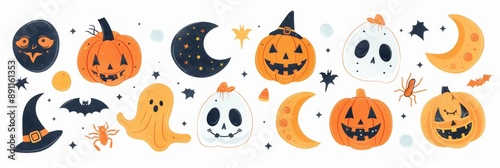 Vibrant Collection of Rhinestone Halloween Stickers Featuring Glittery Pumpkins, Bats, and Spiders on a Stark White Background
