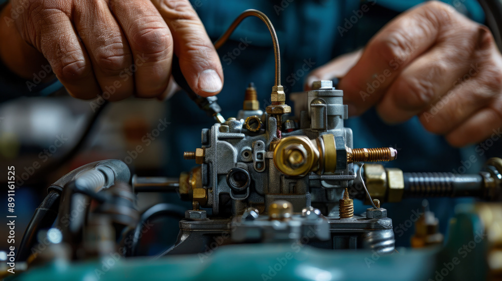 Skilled mechanic hand fine-tuning a car's carburetor during repair process. Skilled mechanic hand fine-tuning a car's carburetor during repair process.