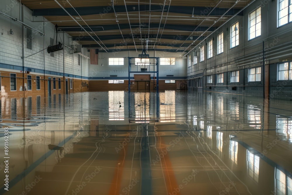 Abandoned school gym flooded with ankle-deep water. Empty basketball court with blue floor and white walls surrounded by metal fence. Solitary figure in background possibly waiting or observing. Abandoned school gym flooded with ankle-deep water. Empty basketball court with blue floor and white walls surrounded by metal fence. Solitary figure in background possibly waiting or observing.