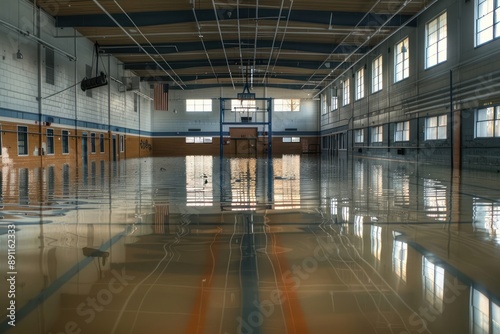 Abandoned school gym flooded with ankle-deep water. Empty basketball court with blue floor and white walls surrounded by metal fence. Solitary figure in background possibly waiting or observing.