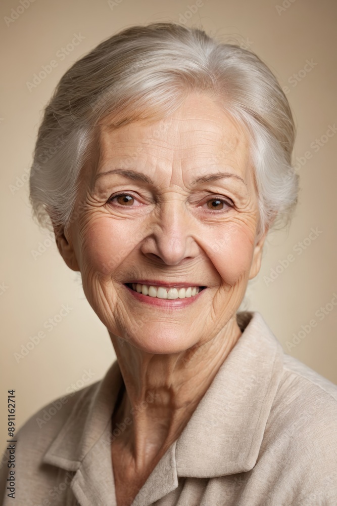 Smiling elderly caucasian woman with white hair and beige shirt against warm brown background Smiling elderly caucasian woman with white hair and beige shirt against warm brown background